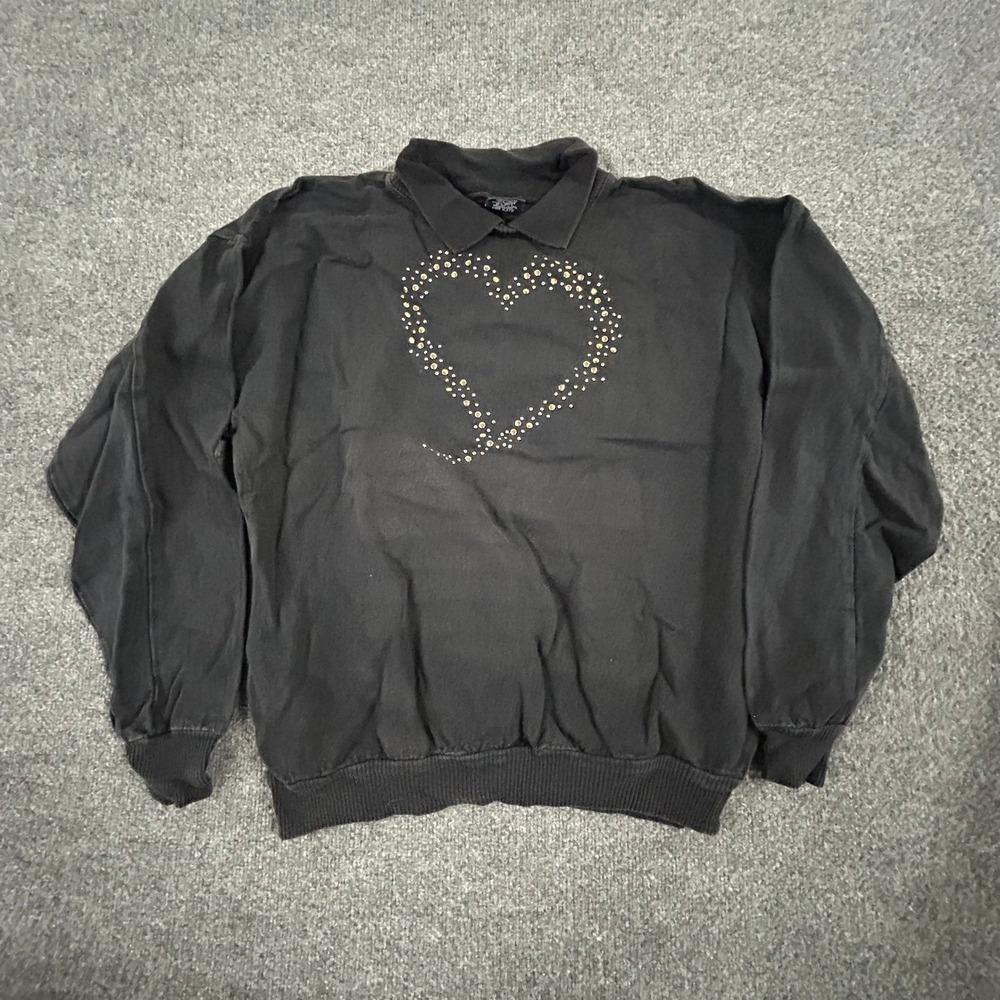 Wek The World Sweatshirt Womens Size 1 Black Studded Rhinestone Heart Collared